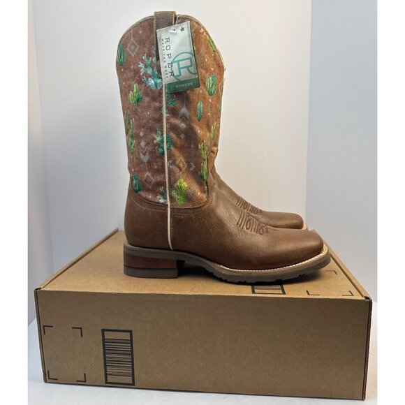 Roper Women's Vintage Brown Broad Square Toe Boots with Cactus & Aztec Size 9 - Picture 10 of 10